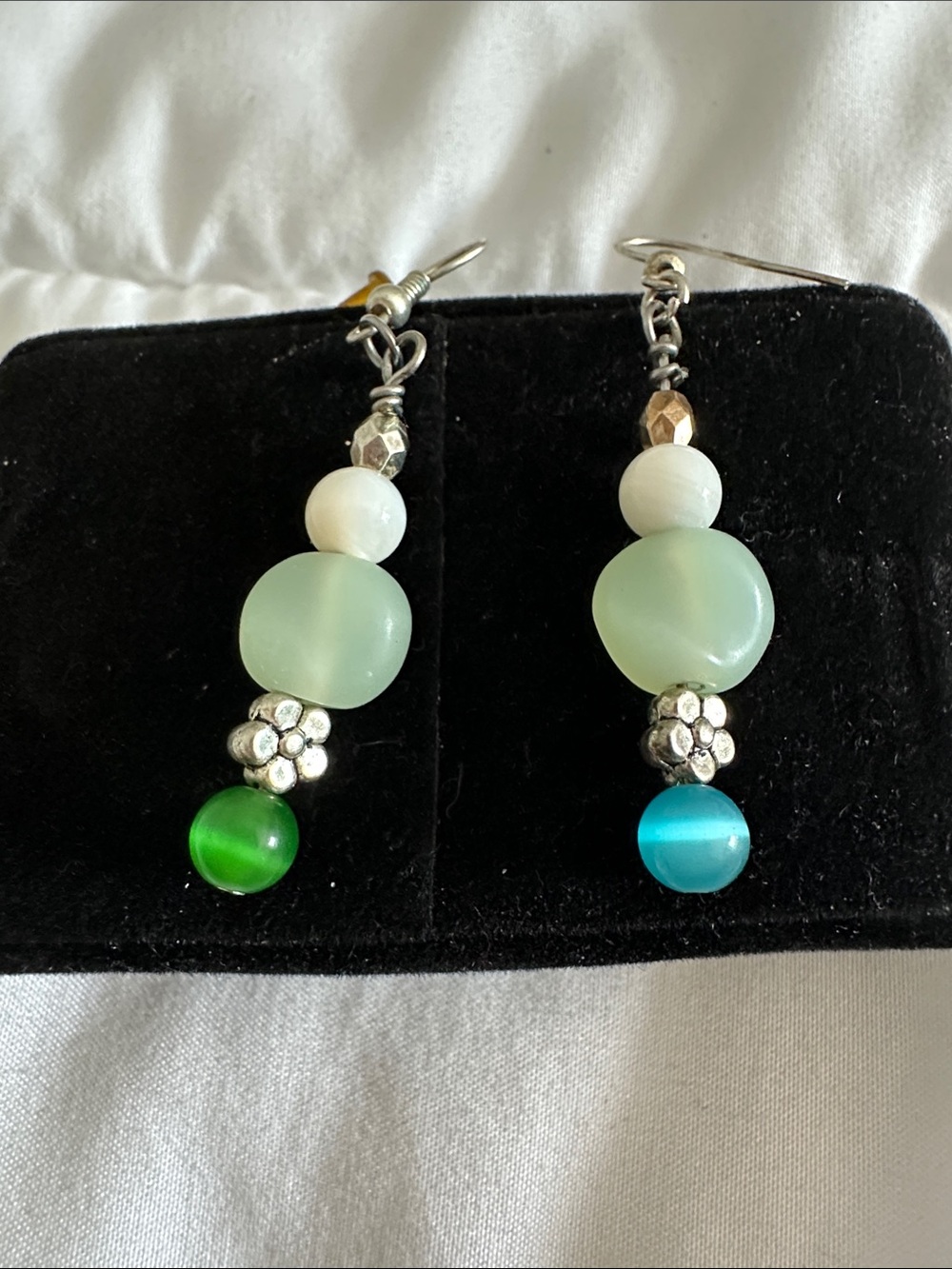 Sea Glass Style Green and Aqua Bead Dangle Earrings